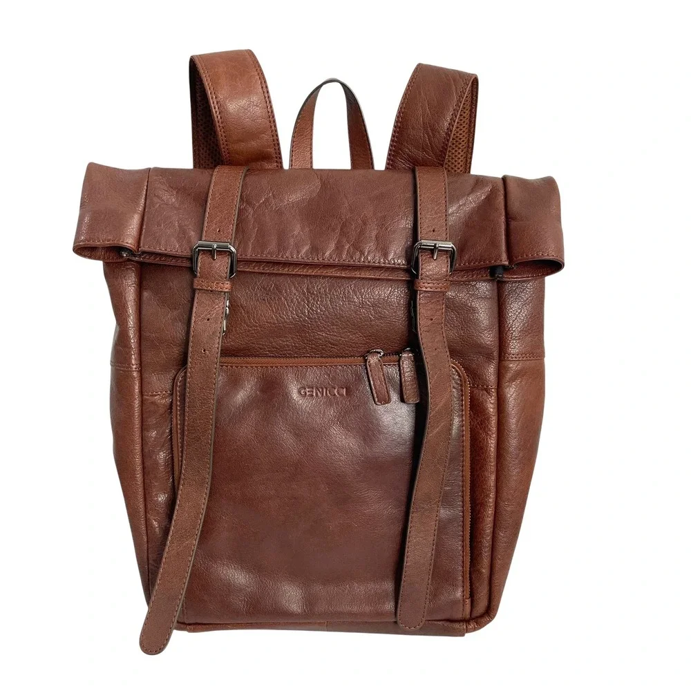 Genicci Unisex Genuine Leather Roll Top Double Buckles laptop backpack‎ brown